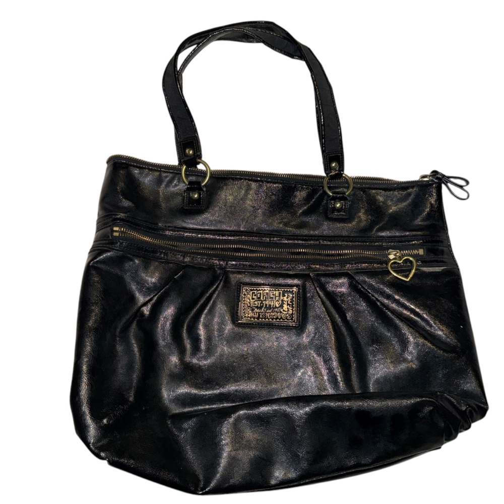 Vintage Coach Black Tote Bag with Leather Finish and Gold Accents